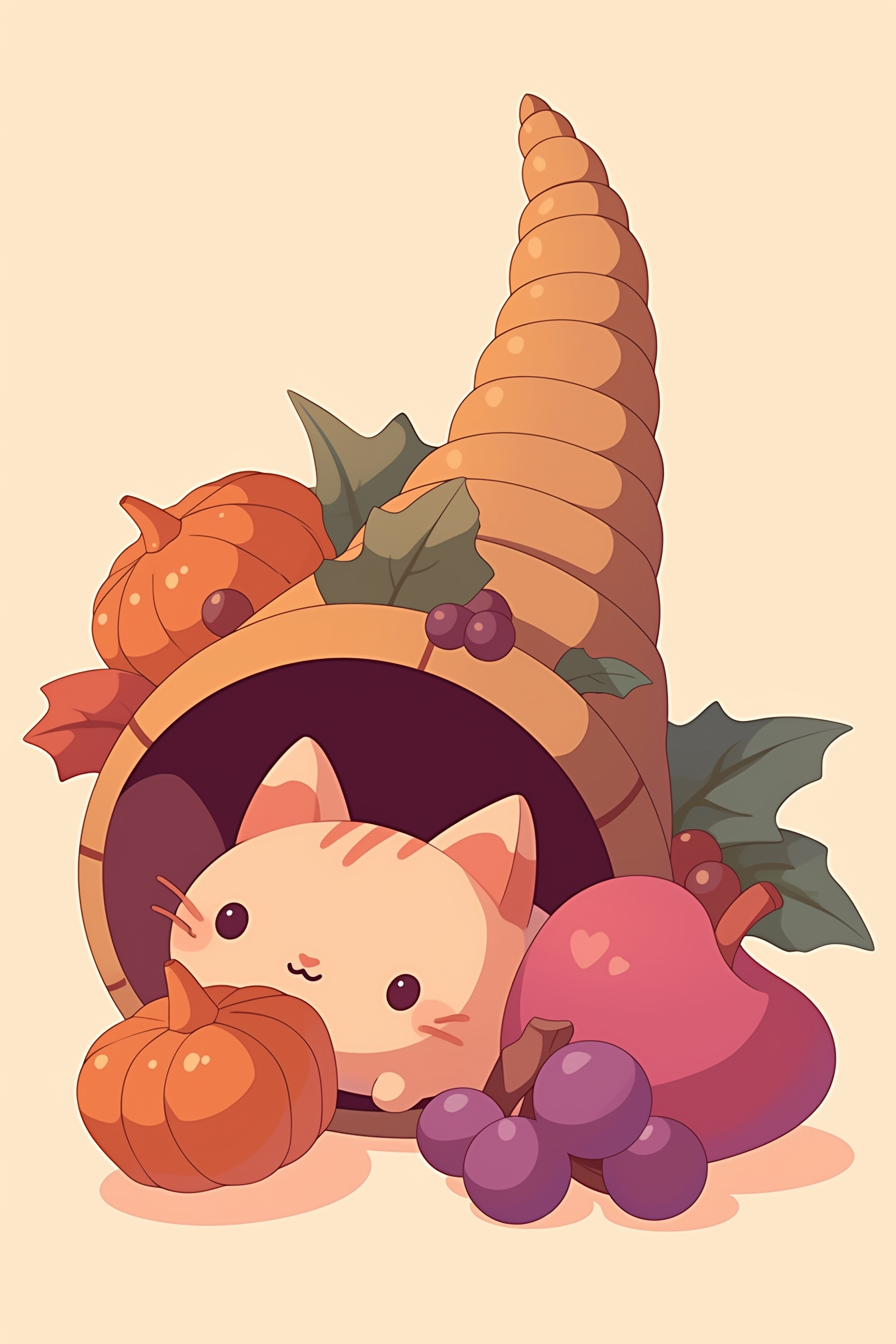 Thanksgiving food drawing ideas featuring a cute kitten nestled in a cornucopia surrounded by pumpkins, grapes, and leaves, embodying the spirit of abundance and warmth.